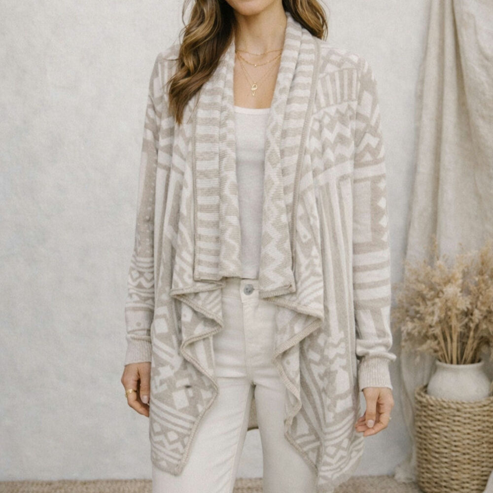 Bar III Beige Aztec Cardigan Drape Sweater SZ M | Boho Nuetral Classic Cozycore‎